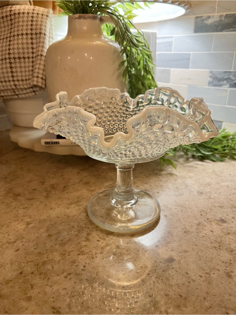 Fenton opalescent Clear Hobnail Compote with White ruffle Trim